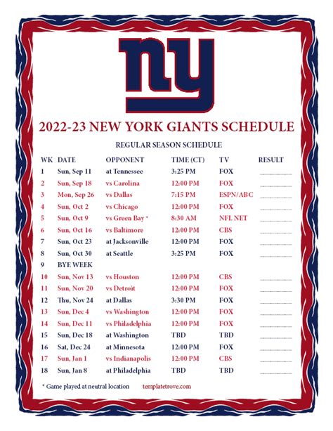 Giants Schedule 2022 Printable